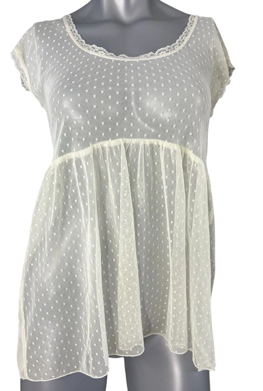 Cream Lace Sheer Babydoll Top Boho Romantic Womens XS Fairy Feminine Ethereal